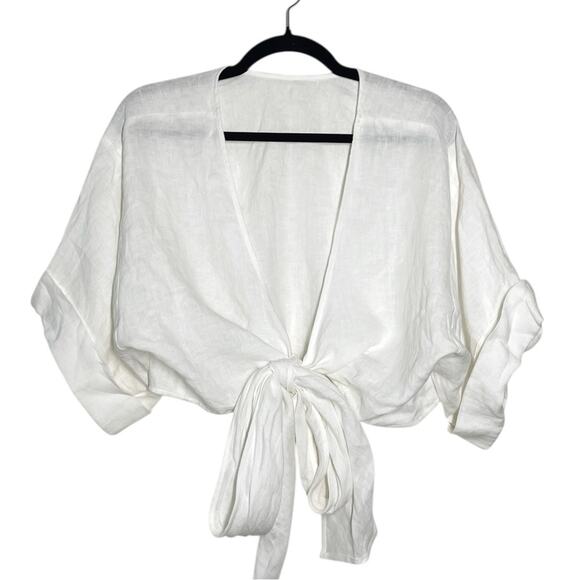 Three Graces White Linen Casual Coastal Neutral Minimalist Tie Up Crop Top - Picture 1 of 9